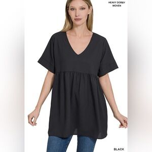 NWOT Zenana V-Neck Empire Waist Baby Doll BLACK Tunic Top Blouse Size Small
